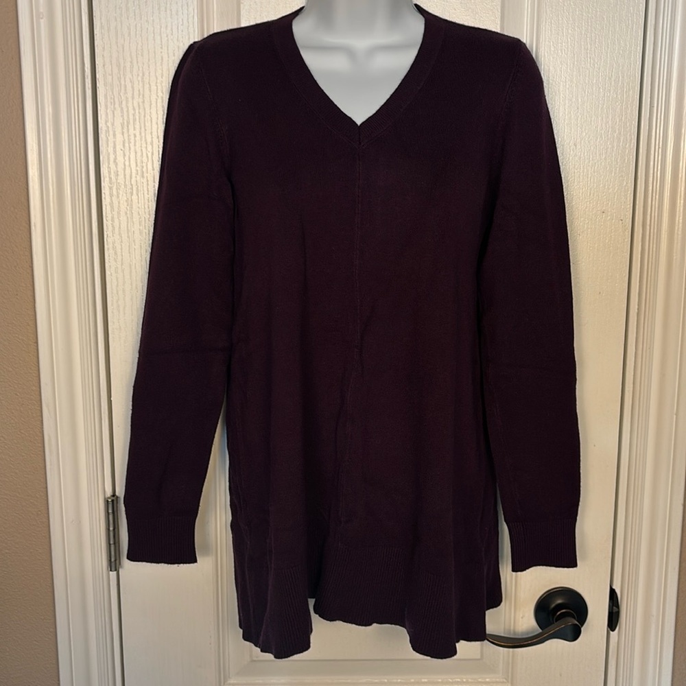 DKNY Jeans Women's Long Sleeve V-Neck Dark Plum/Purple Knit Pullover Sweater Md